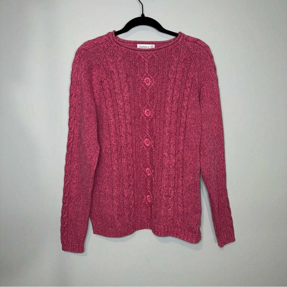 Jumper Pink Cable Knit Sweater Crew Neck‎ Button Detail Cotton Women's M